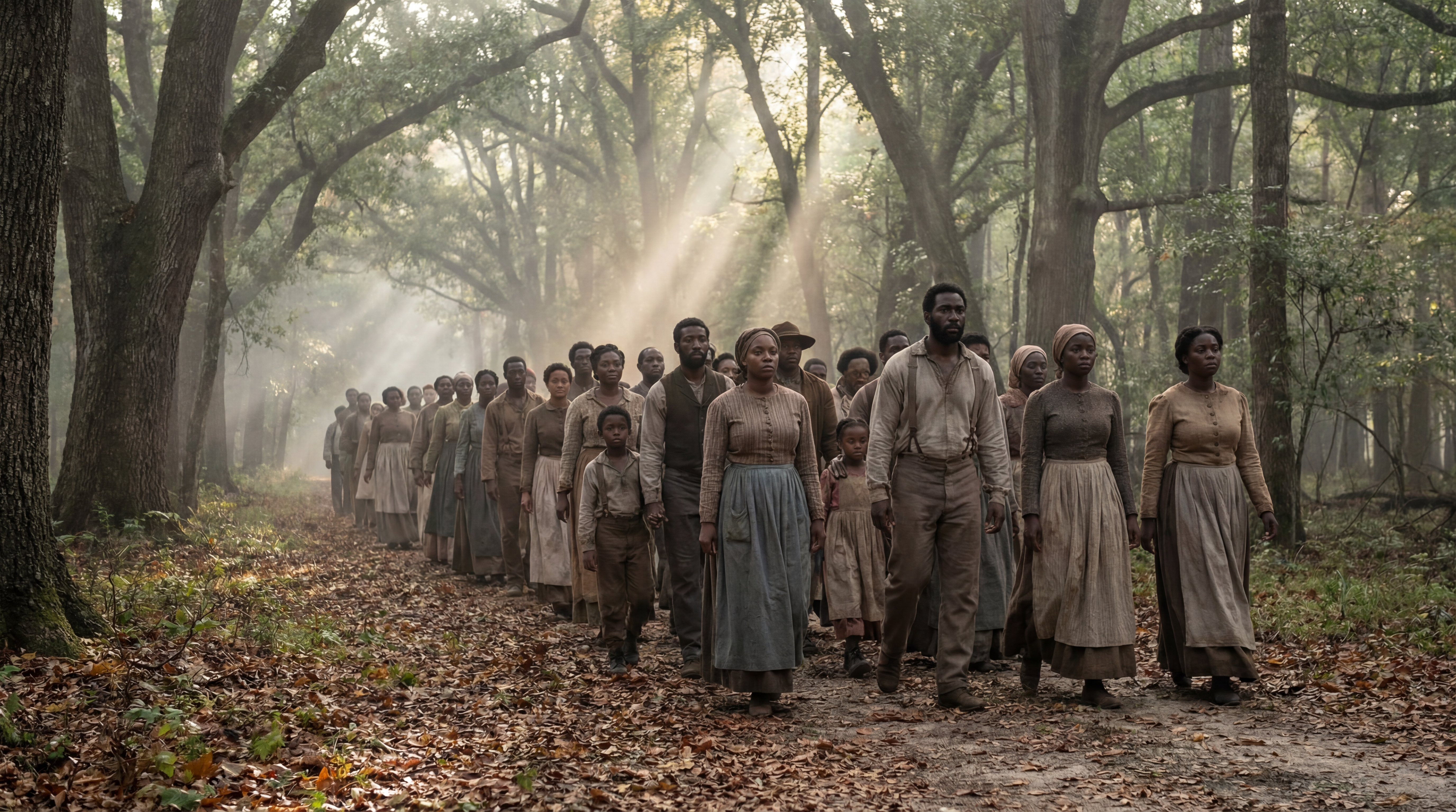 Black American ancestors standing together in forest